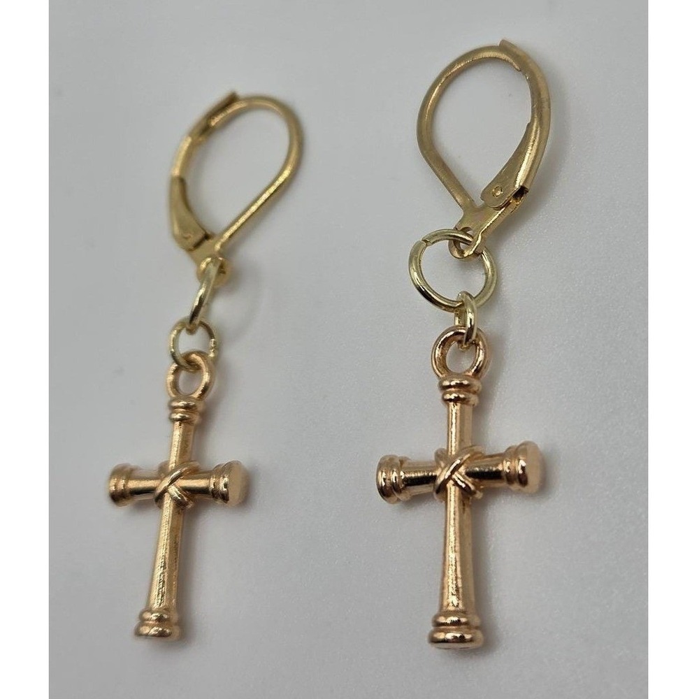 Handmade Earrings Gold Toned Cross Leverback Hypoallergenic # - Picture 7 of 8